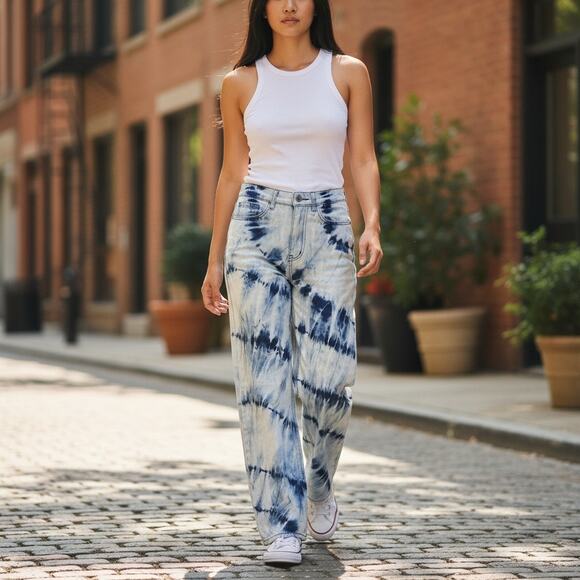 BDG Urban Outfitters Jeans Women Size 26 Blue High Rise Wide Leg Bleach Tie Dye - Picture 2 of 13